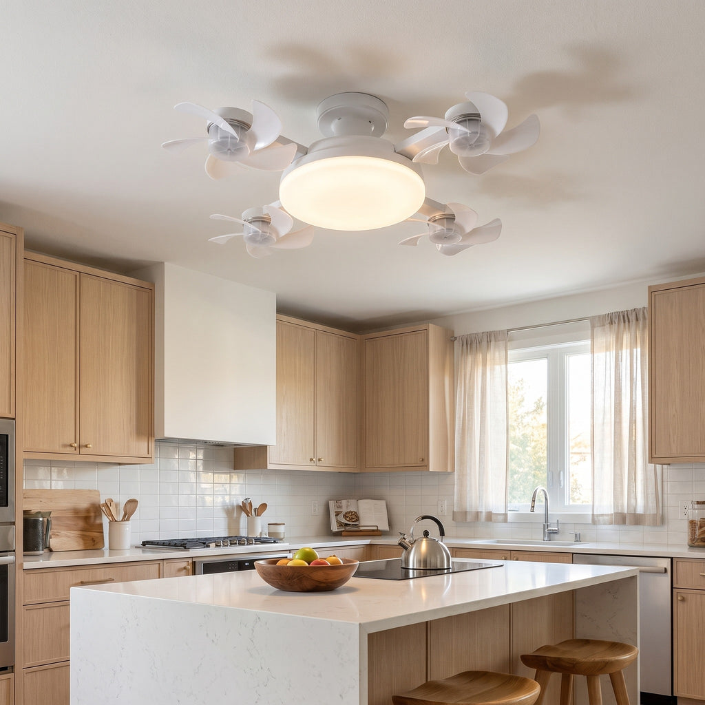 Novu Quad Fan installed on the ceiling of a bright modern kitchen above a white quartz island