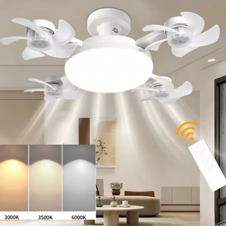 Novu Quad Fan mounted on a living room ceiling showing airflow, remote control and 3000K, 3500K and 6000K colour temperature options